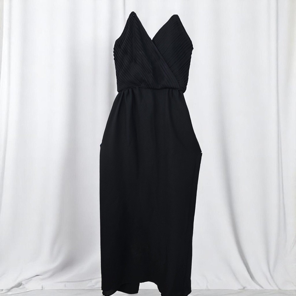 Vintage Sleeveless Midi Dress Pleated V-Neck Party Cocktail Black Corset Size 4